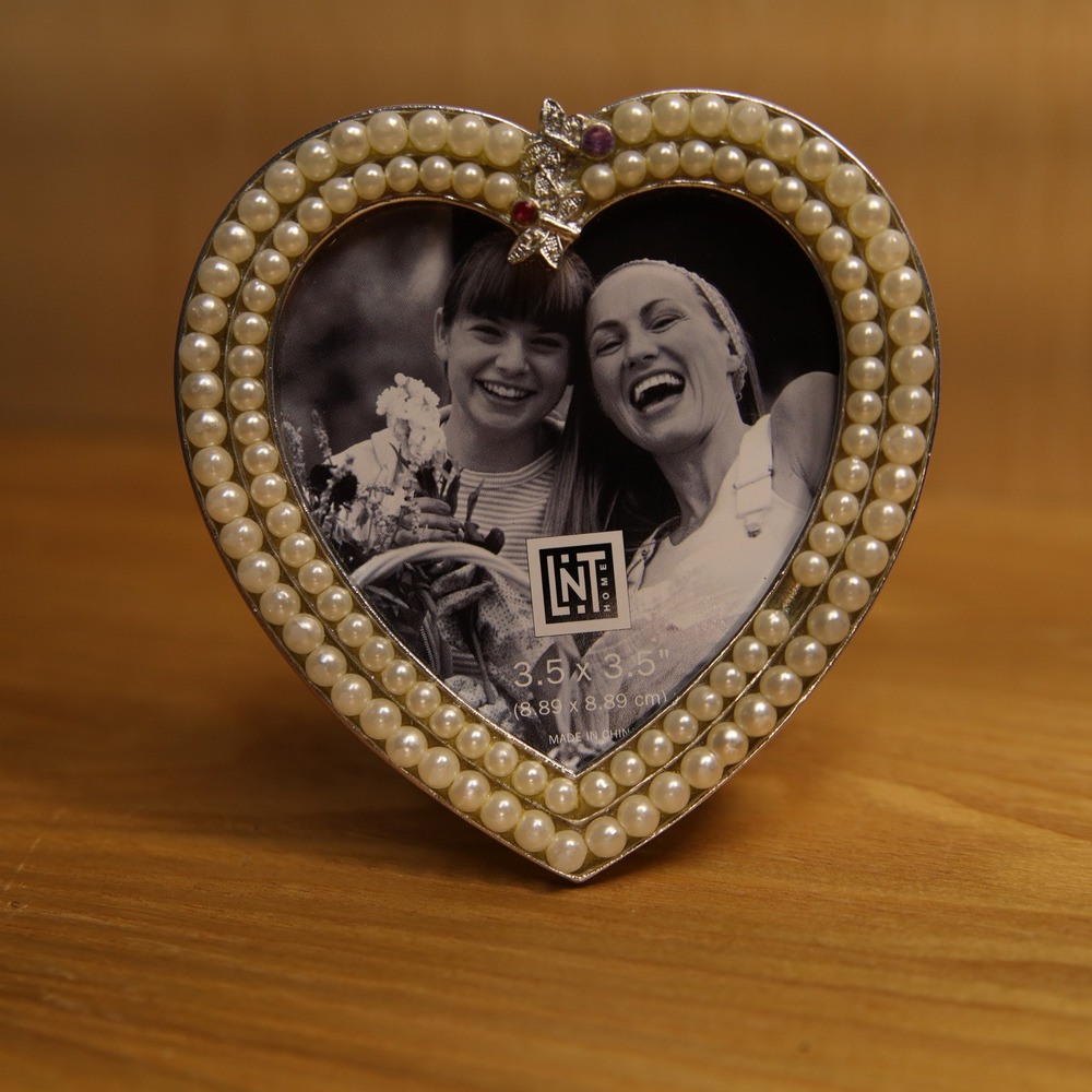 LNT Home Heart Picture Frame Faux Pearl Butterfly Rhinestone Silver 3.5x3.5